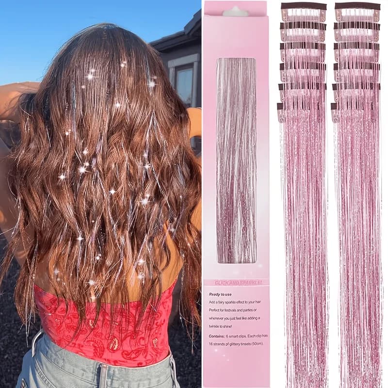 Hair Tinsel 12 Pcs Hair Tinsel Clip in 20.5 Inch Glitter Tinsel synthetic Hair Extensions Clip in Hair Tinsel Kit Party