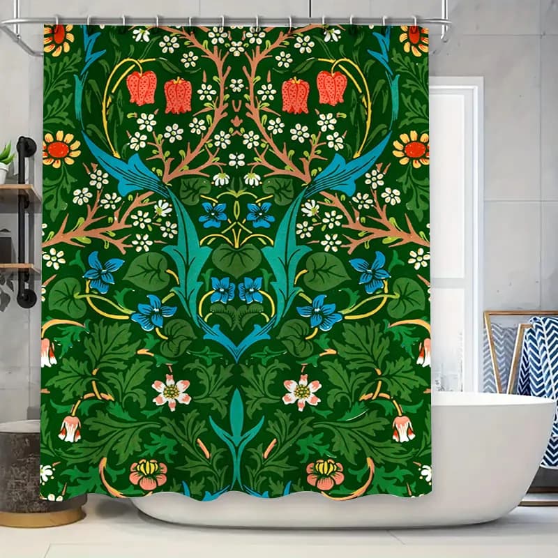 Tenda da doccia artistica unica decorativa impermeabile per tessuto da bagno dimensioni personalizzate design floreale verde blu giallo arancione