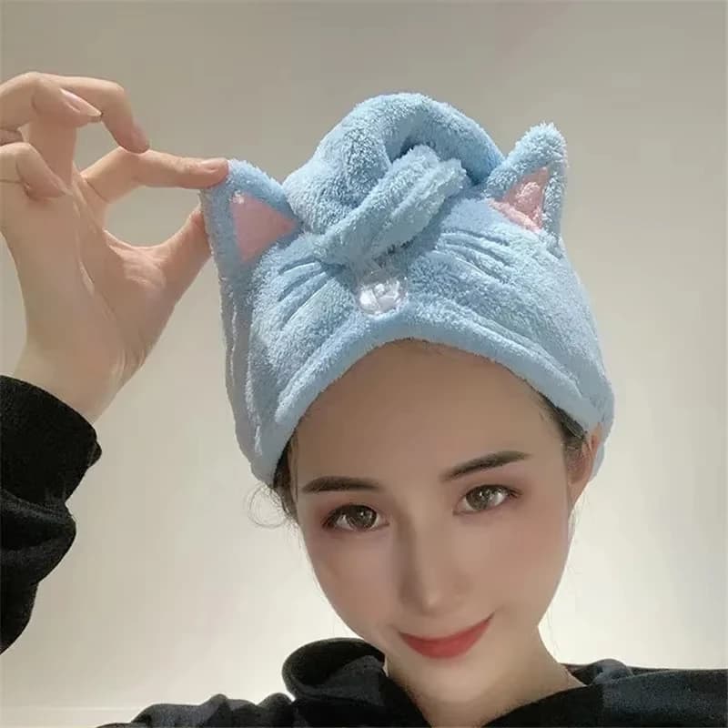 Quick Hairdryer Bathroom Hat, Soft Turban in Cat Shape Microfiber, Shower Towel for Woman and Girl