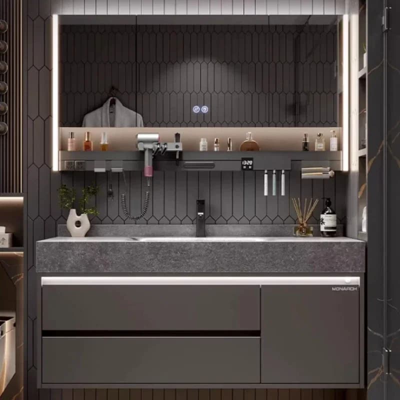 Mobile bagno organizer con lavabo integrato in lastra di roccia curvata a caldo, lavabo per lavanderia
