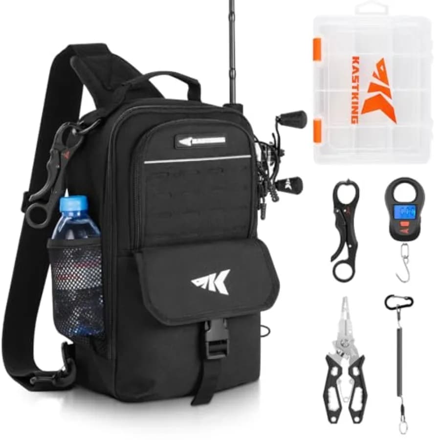 Set of Essential Fishing Tools with Shoulder Bag, Waterproof Box 3500-Tackle, 7 Fishing and Fish Grip in Black