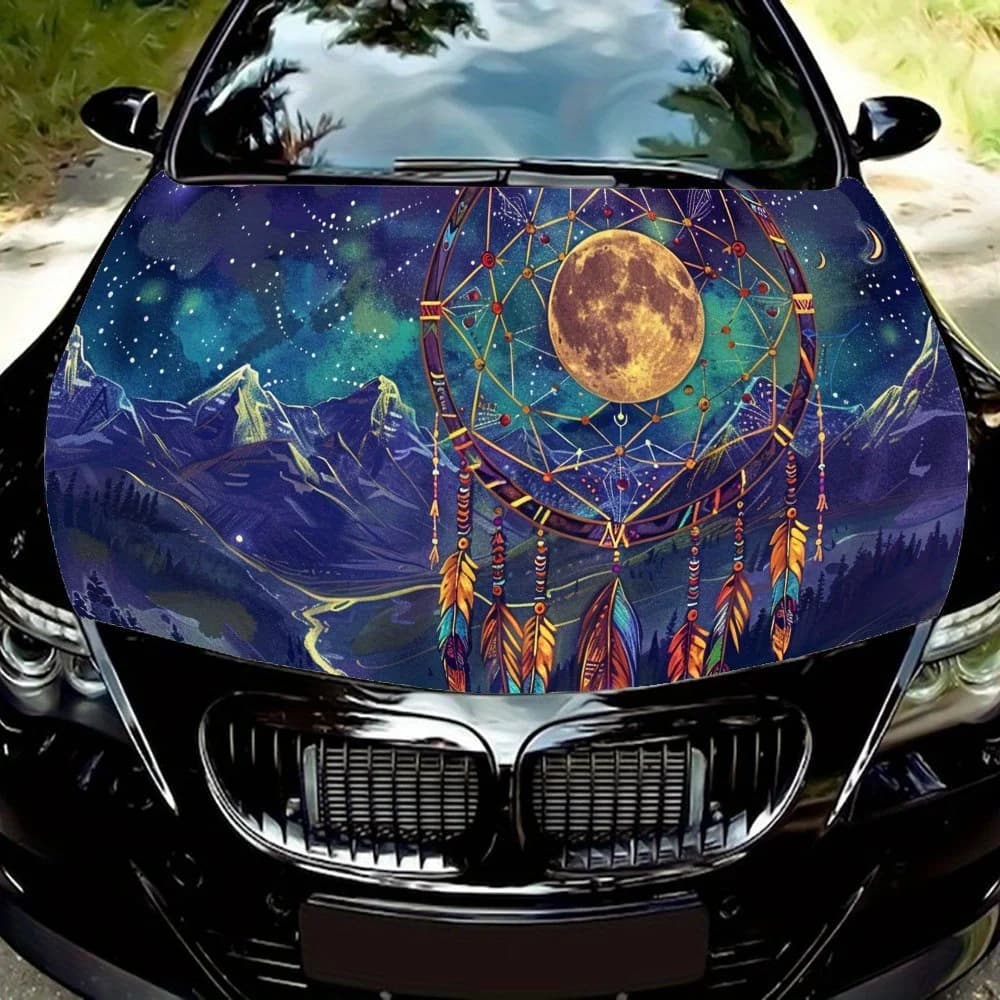 Brown Dreamcatcher and Snow Mountain - Aurora Car Engine Hood Vinyl Wraps Sticker, Auto Exterior Decal, Waterproof Self-adhesive
