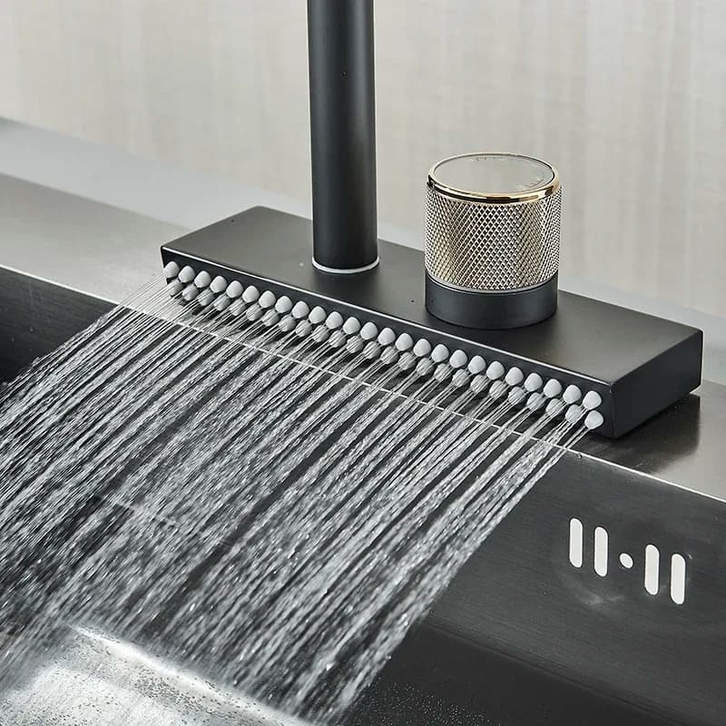 Rubinetto da cucina Daul Control Cascata Flusso Beccuccio girevole Montaggio su piano Miscelatore acqua calda fredda Lavandino Gru