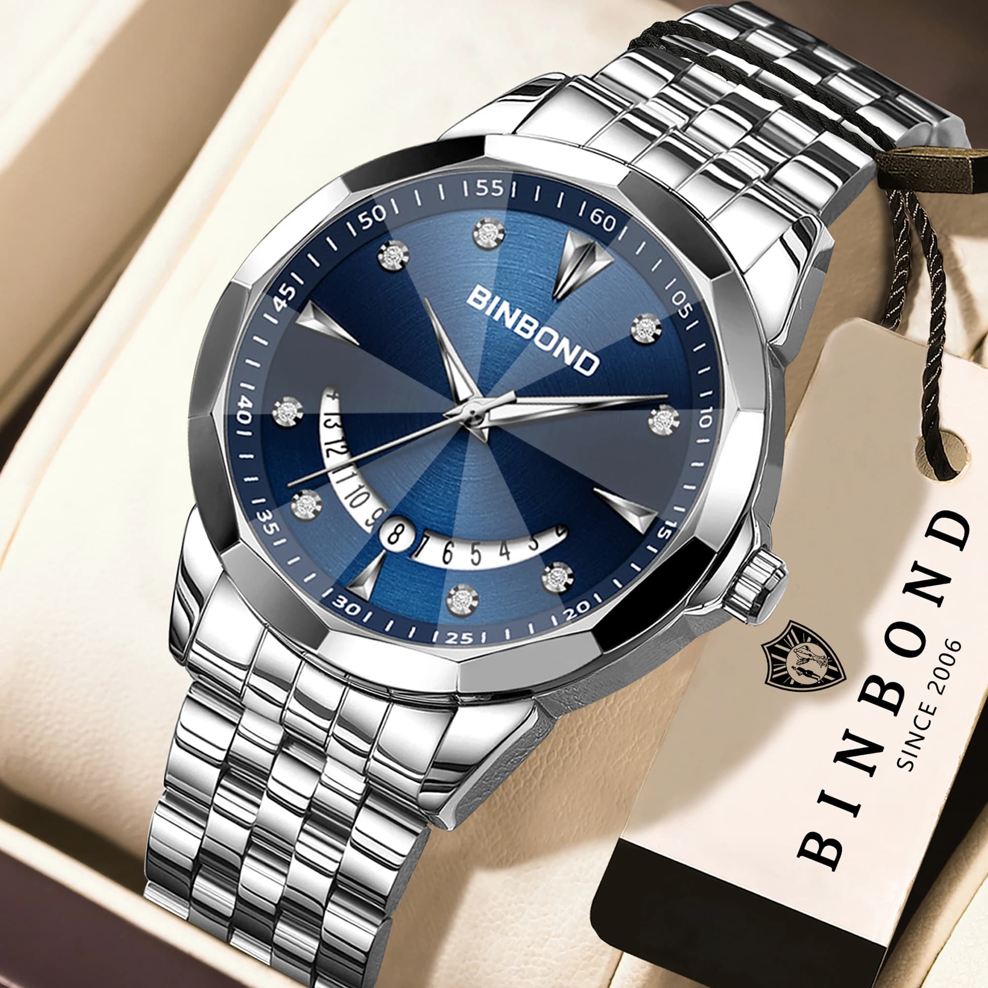 BINBOND Original Quartz Watch Stainless Steel Luxury Reloj Luminous Waterproof Elegante Hombre Lujo Watches For Men Relojes +Box