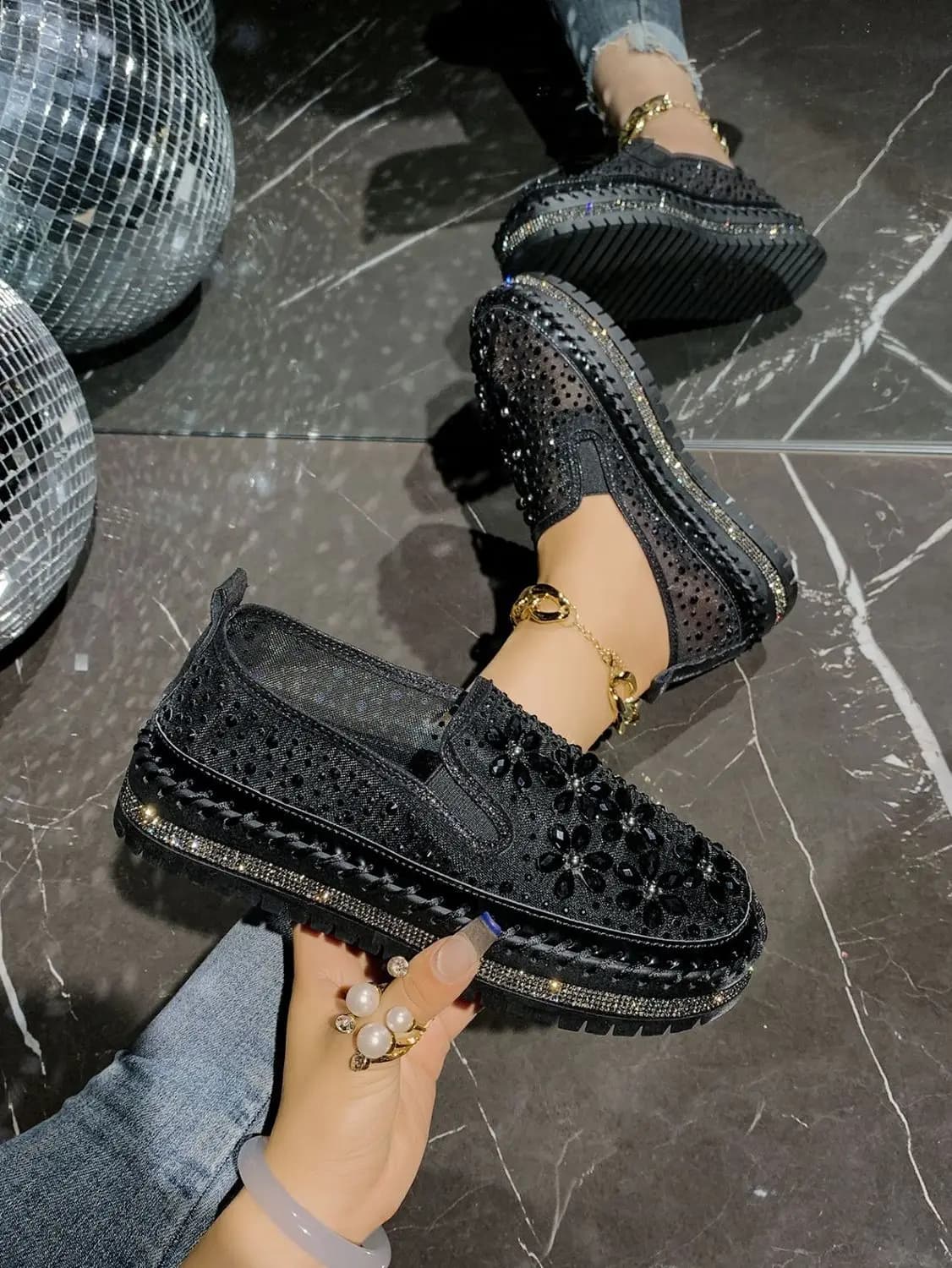Women Rhinestone Mesh Slip on Platform Loafers Breathable Thick Sole Casual Summer Plus Size Fashion Walking Shoes
