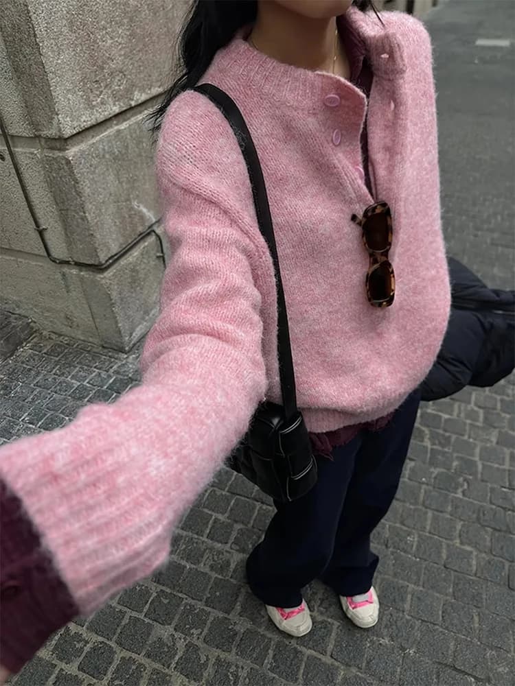 Maglione vintage francese da donna streetwear bottoni larghi casual pullover vento pigro autunno inverno morbido maglioni a maniche lunghe Harajuku