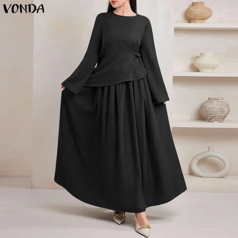 Set di Abiti da Donna VONDA alla Moda, Completo da Lavoro e Festa, Taglie Forti, Due Pezzi, Gonna Lunga, Maniche Lunghe, Blusa Irregolare con Lacci, 2 Pezzi
