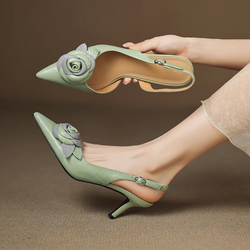 2026 new summer women sandals natural leather 22-25cm sheepskin+pigskin flower back-buckle high heel women shoes fashion