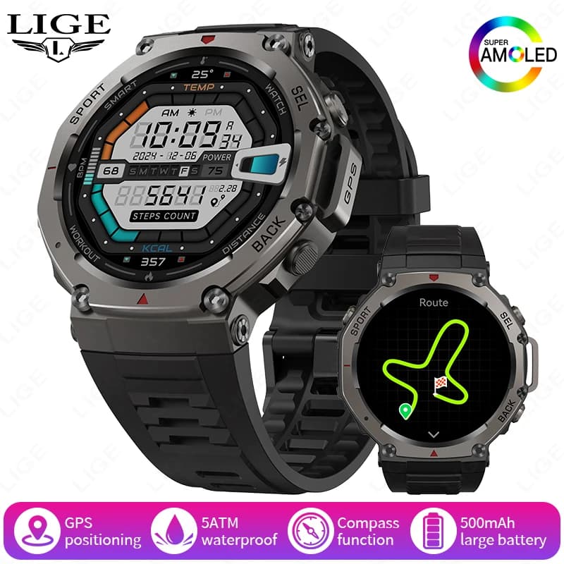 LIGE Military Men's Watch Smartwatch 500mAh Large Battery GPS 5ATM Waterproof Heart Rate Bluetooth Outdoor Sports Fitness Tracker