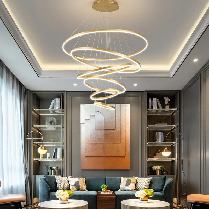 Lampade a Sospensione LED Moderne a Forma di Anello, Lampadario Circolare Creativo in Alluminio Dorato per Soggiorno, Ristorante, Casa