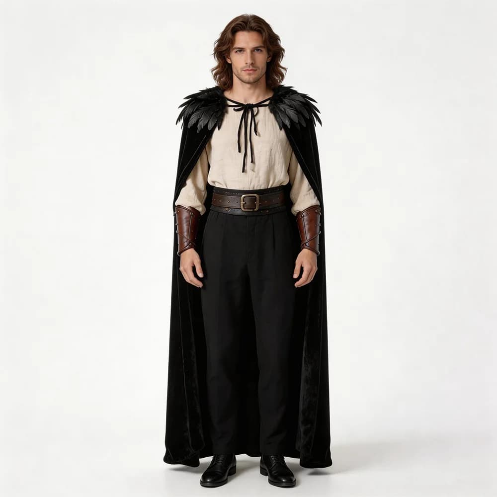 Medieval Long Shawl Velvet Halloween Faux Feather Collar Demon Angel Costume Cloak for Halloween Cosplay