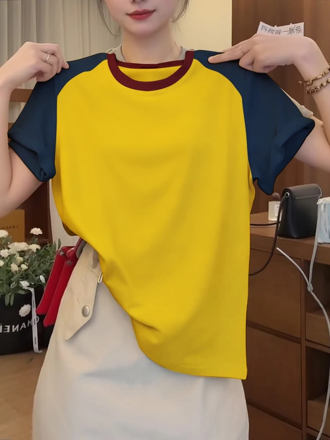 Dopamine Boosting Yellow Splice Short Sleeve Women's T-shirt Loose Fit Summer Fashionable Cotton Blend Age Defying Top