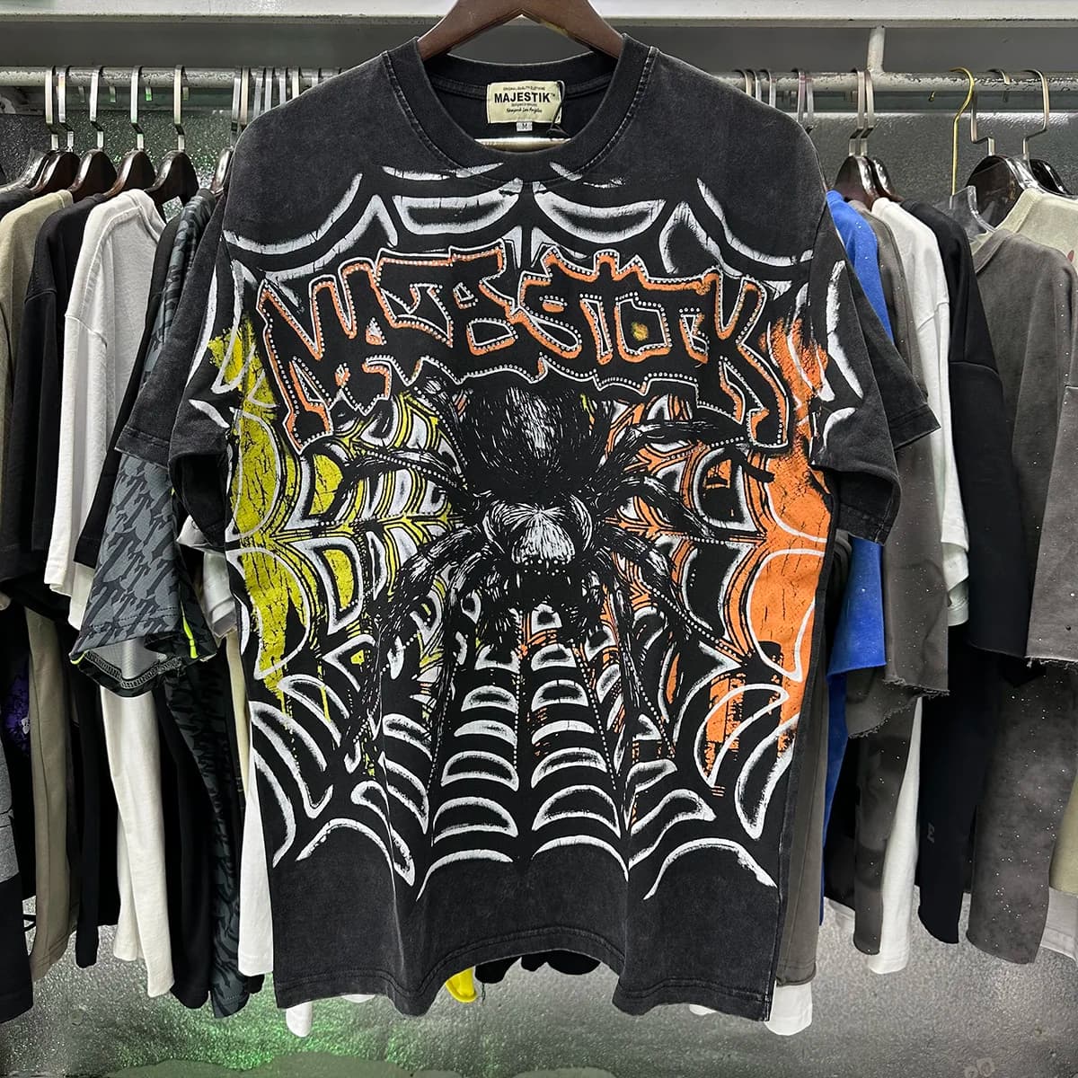 New STIK American Trendy Brand Spider Print Washed out Rhinestone INS Hip Hop Pure Cotton Short Sleeve T-Shirt Street Style C...