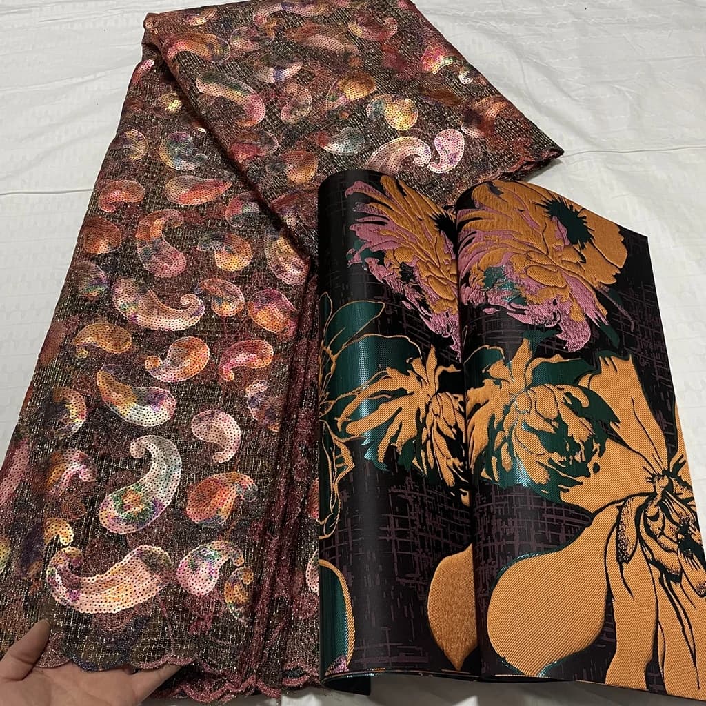 Luxury Multicolor Sequins French Lace Gold Metallic Embroidery African Tulle Mesh Fabric 5Yards Elegant Nigerian 3D Sego Headtie