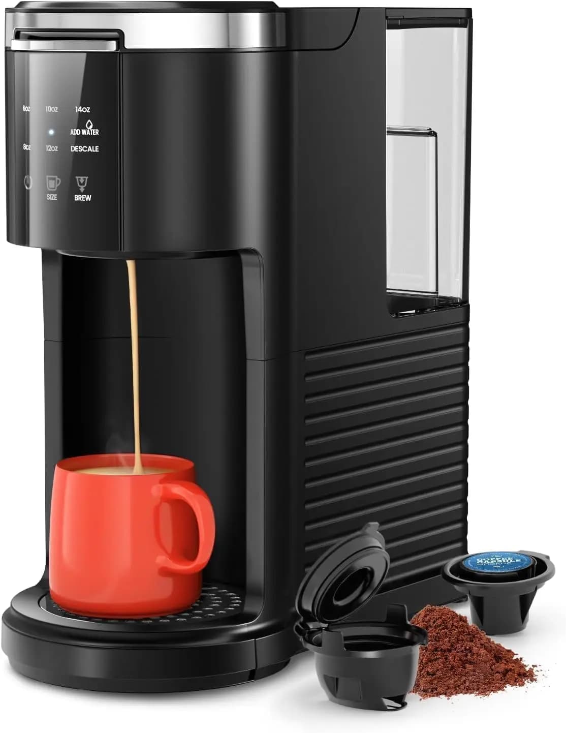 2-in-1 Single Serve Drip Coffee Maker, Compatible with K-Cups & Ground Coffee, 5 Brew Sizes from 6 to 14 Oz, 40 Oz Detachable Wa