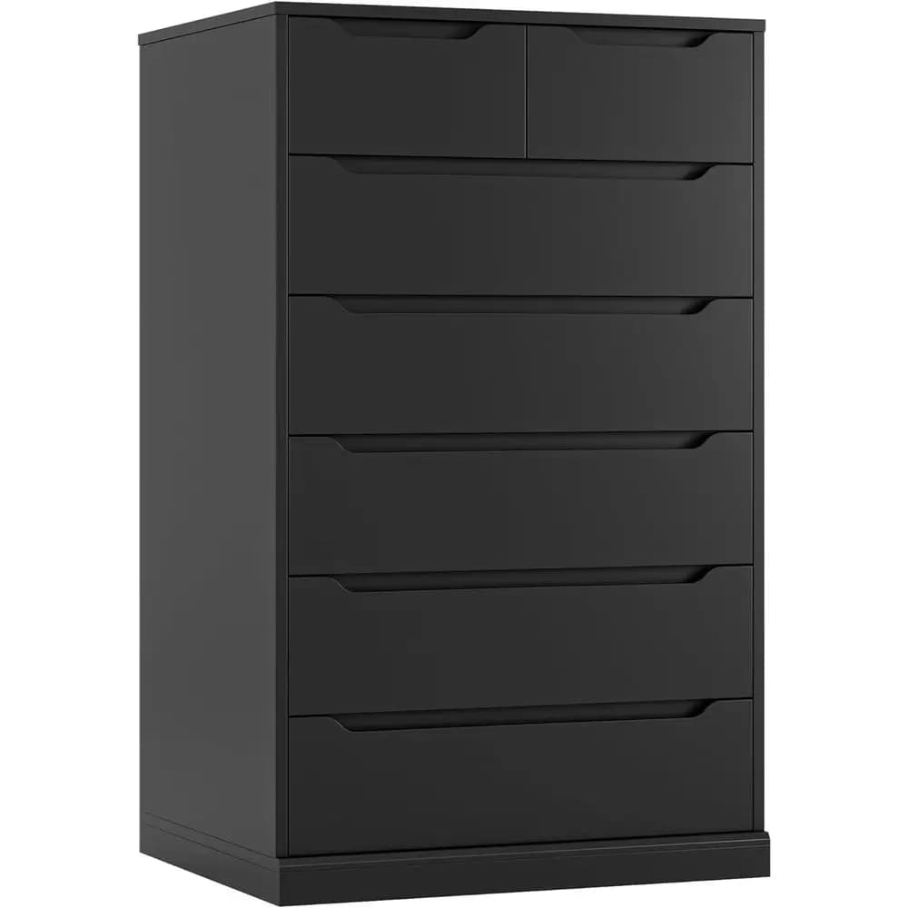51 Tall 7 Drawer Dresser, Ebony Wood Dressers & Chests with Cut-Out Handles, Upright Drawer Chest, Accent Velvet Storage Cabinet