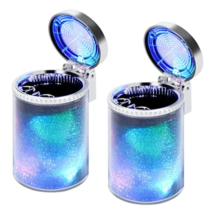 Posacenere per auto, confezione da 2, posacenere per auto con luce LED, mini cestino per auto, coperchio portatile, per portabicchieri dell'auto, casa, ufficio e viaggi (S)