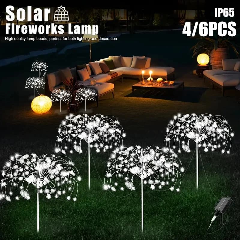 4/6PCS Luci solari per fuochi d'artificio da giardino Luci esterne impermeabili per atmosfera da cortile solare a LED 8 modalità per decorazioni natalizie da cantiere