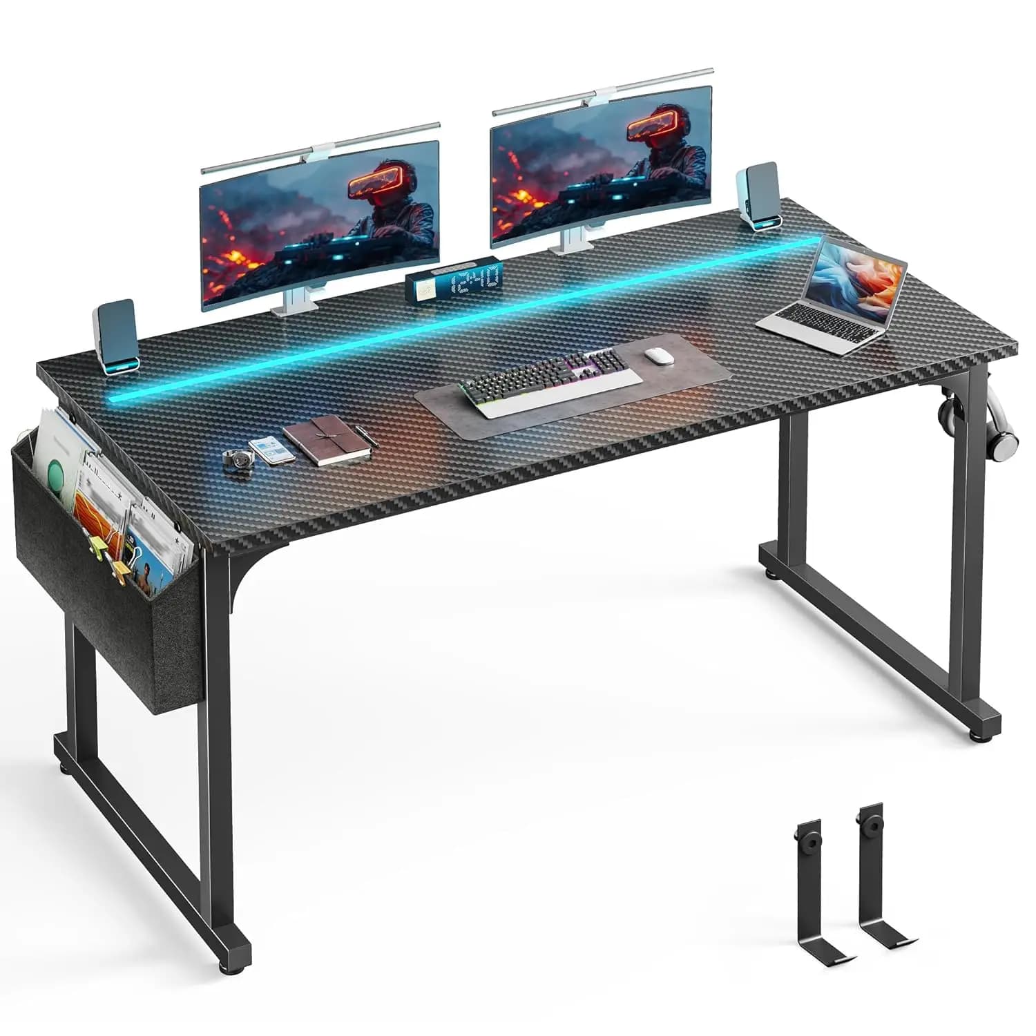 Scrivania da Gaming 55 Pollici con Luci LED, Borsa Portaoggetti, Gancio per Cuffie, Struttura in Metallo per Casa e Ufficio, Personalizzabile