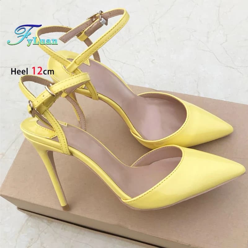 Scarpe da ufficio commerciali giallo chiaro Sandali a spillo da donna 10CM 12CM 2025 Sandali estivi a punta stile elegante Abito da festa Tacchi alti