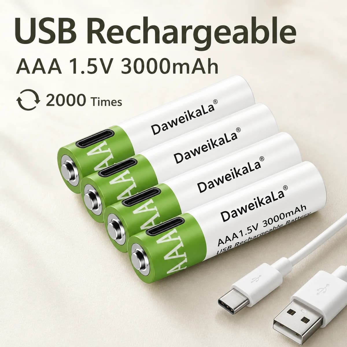 AAA 1.5V 3000mAh Rechargeable Li-ion Batteries with Type-C Cable, USB Battery Cells for Remote Control Mouse and Electric Toys