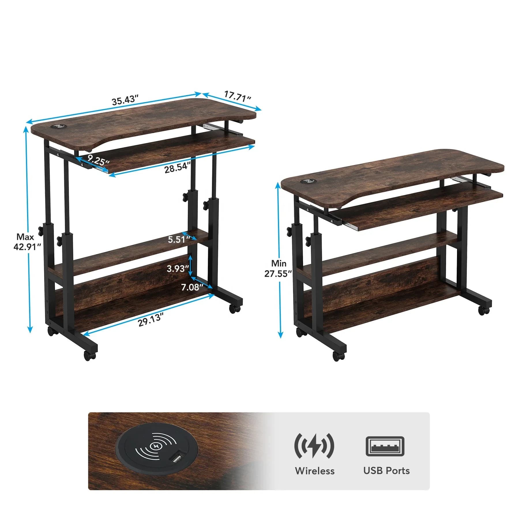 Carrello da tavolo con rotelle da scrivania portatile regolabile in altezza marrone per laptop mobile per ufficio divano