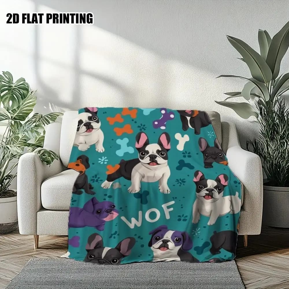 Cute French Bulldog Blanket, Pet Lover Soft Fleece Throw with Bone & Paw Print, Cozy Sofa Bed Cover for Dog Mom Home Decor