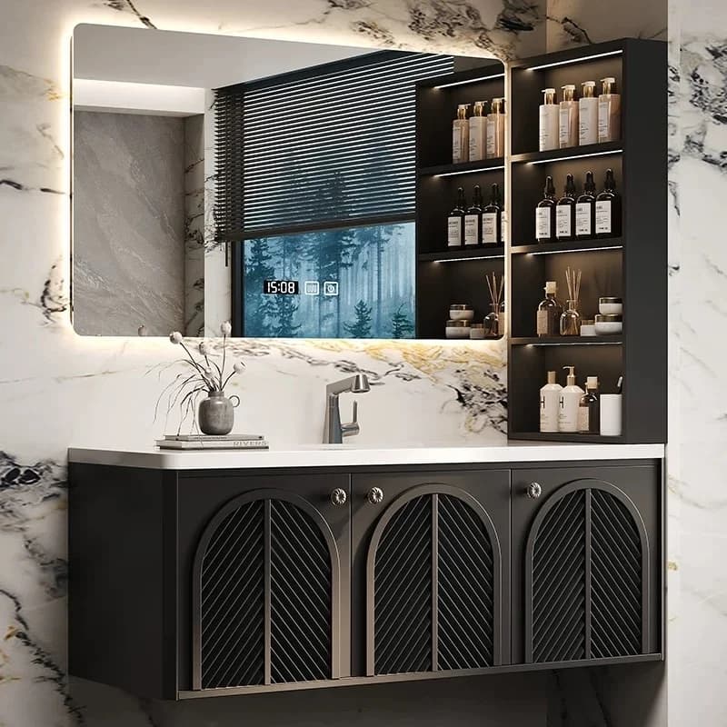 Mobile da Bagno in Legno Massello Semplice ed Elegante con Set Specchio Intelligente