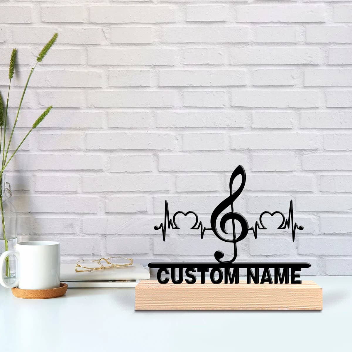 Custom Metal Statue with Music Notes and Cardiac Battit, Wood Base, Table Decoration, Desk Spiritual Ornament