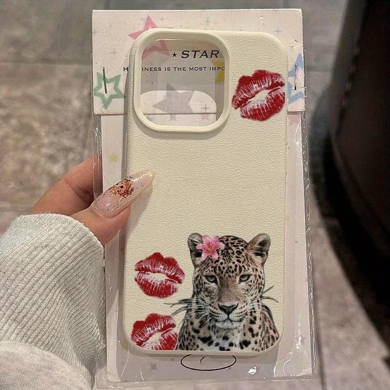 Creative Leopard Print Lip Print and Lychee Pattern Phone Anti-Drop Protective Case, Suitable for iPhone 17, 16, 15, Plus, Pro, Max Series Phones—Can Be Used as a Gift