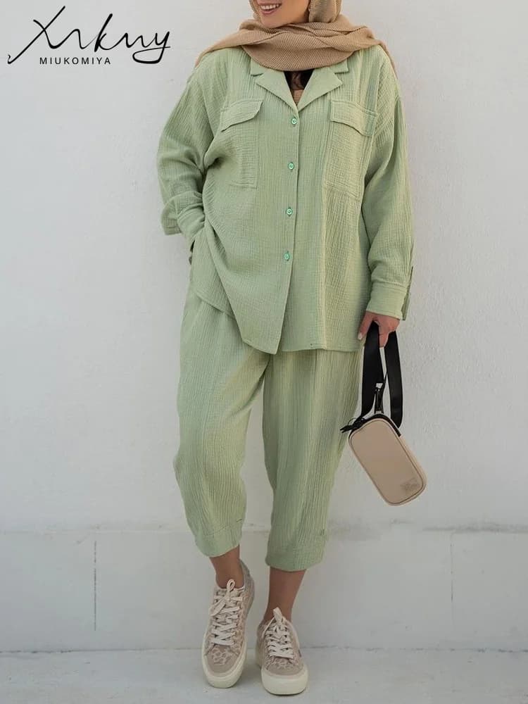Oversize cotton linen shirts and trousers set for women spring 2024 wide green shirts Casual in two pieces for women