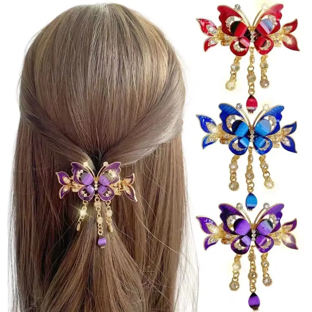 Elegante Fermaglio per Capelli a Farfalla con Strass, Stile Etnico con Decorazione a Nappa, Clip a Forma di Granchio, Piccolo Fermaglio a Farfalla con Zirconi