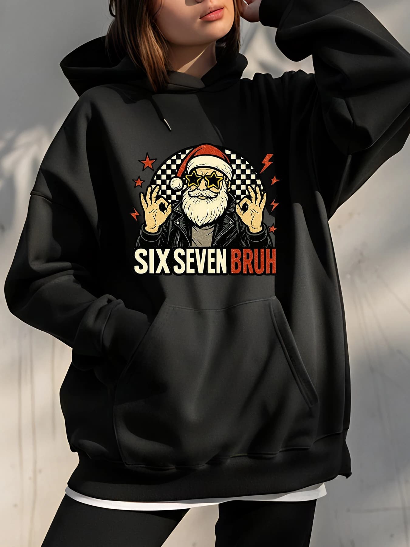 Hoodie Six Seven Bruh Santa with square background and star design for casual clothing