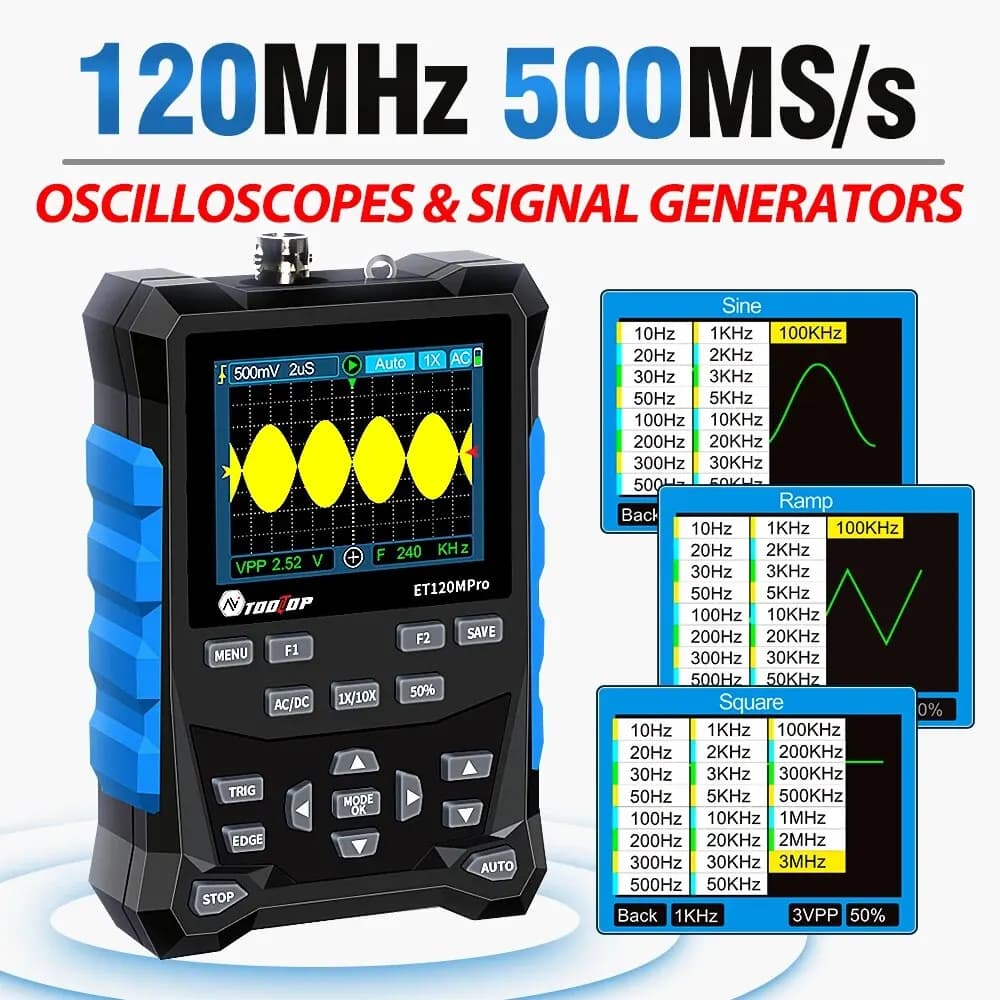 TOOLTOP ET120MPro Oscilloscopio digitale portatile 120 MHz 500 MS/s Sorgenti di segnale 3 MHz Osciloscopio automobilistico 2 in 1 Strumenti fai da te