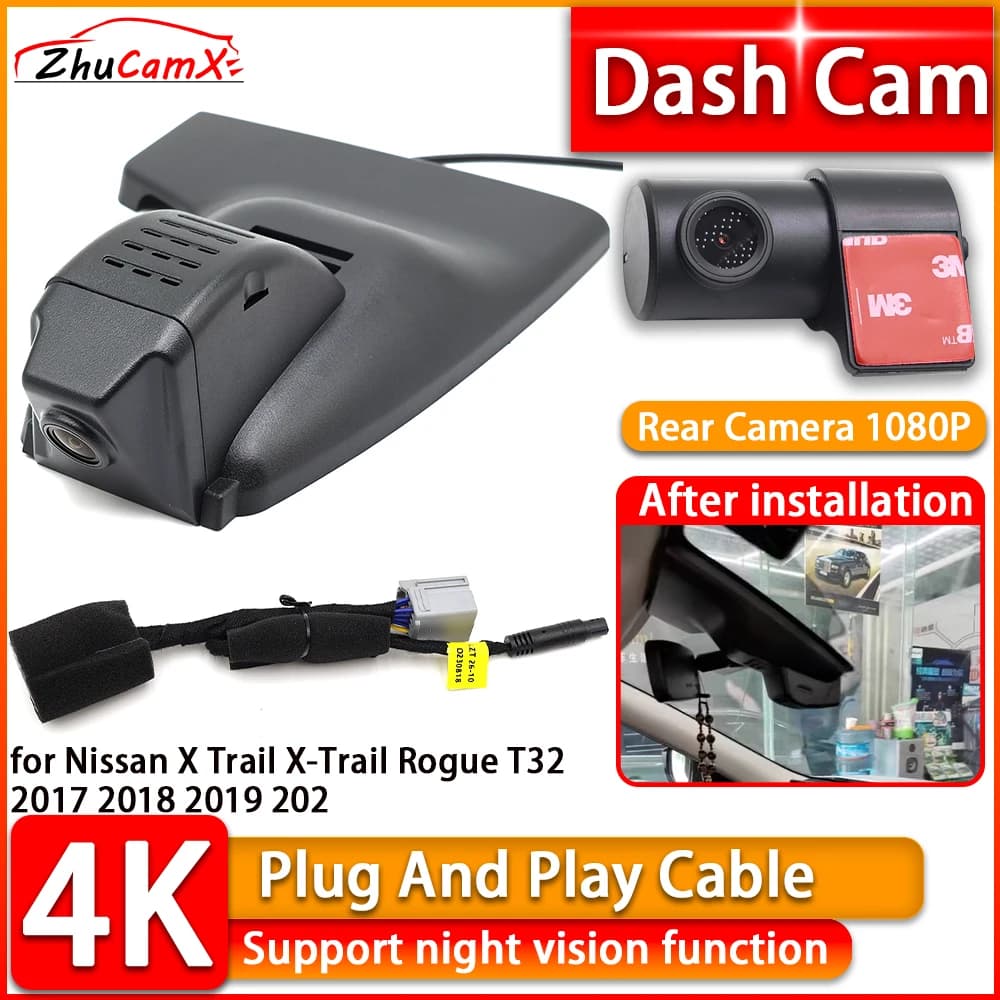 Dash Cam Wi-Fi 4K for Nissan X-Trail Rogue T32 2017-2020, Front Camera and Rear DVR Plug and Play