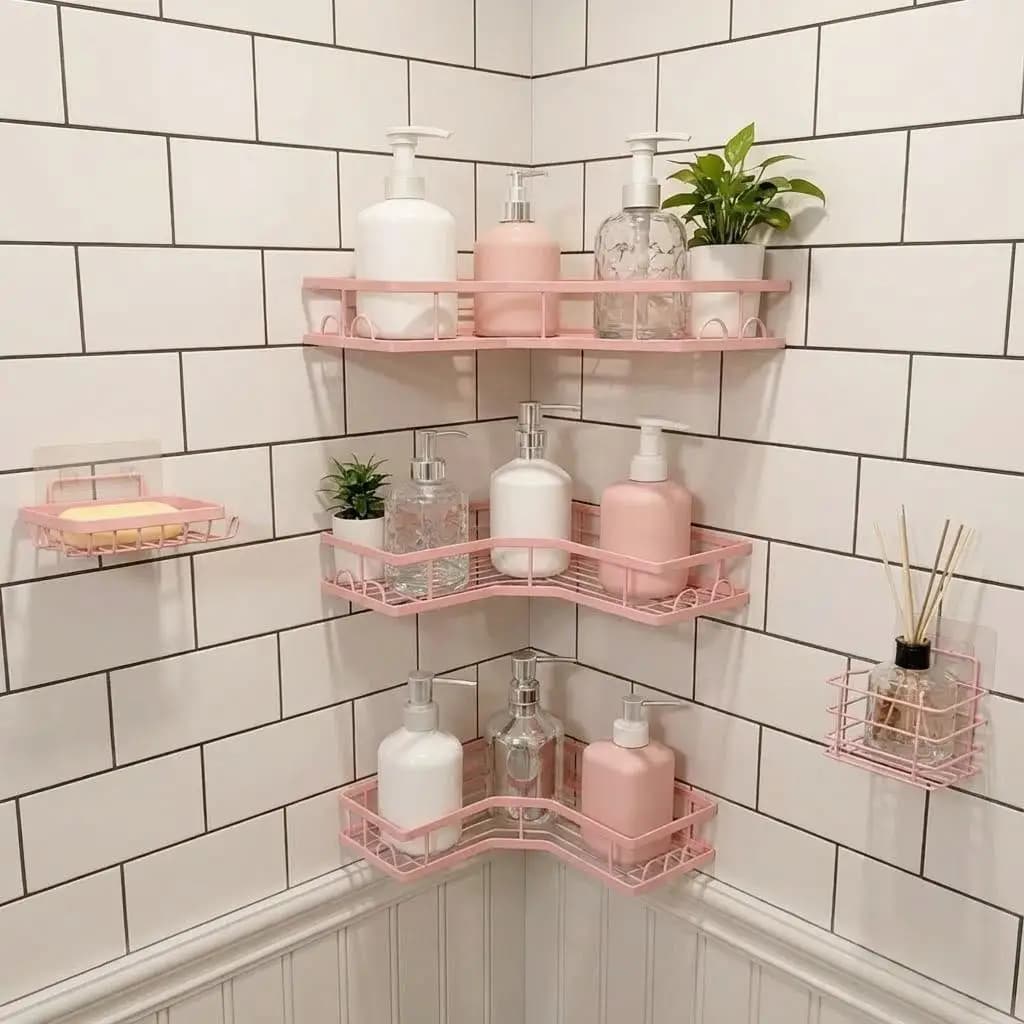 5Pcs Minimalist Pink Shower Organizer Set No-Drill Adhesive Bathroom Corner Wall Shelf Rust-Resistant Metal Hollow Waterproof Storage Rack with Soap Holder Eco-Friendly New Home Essentials