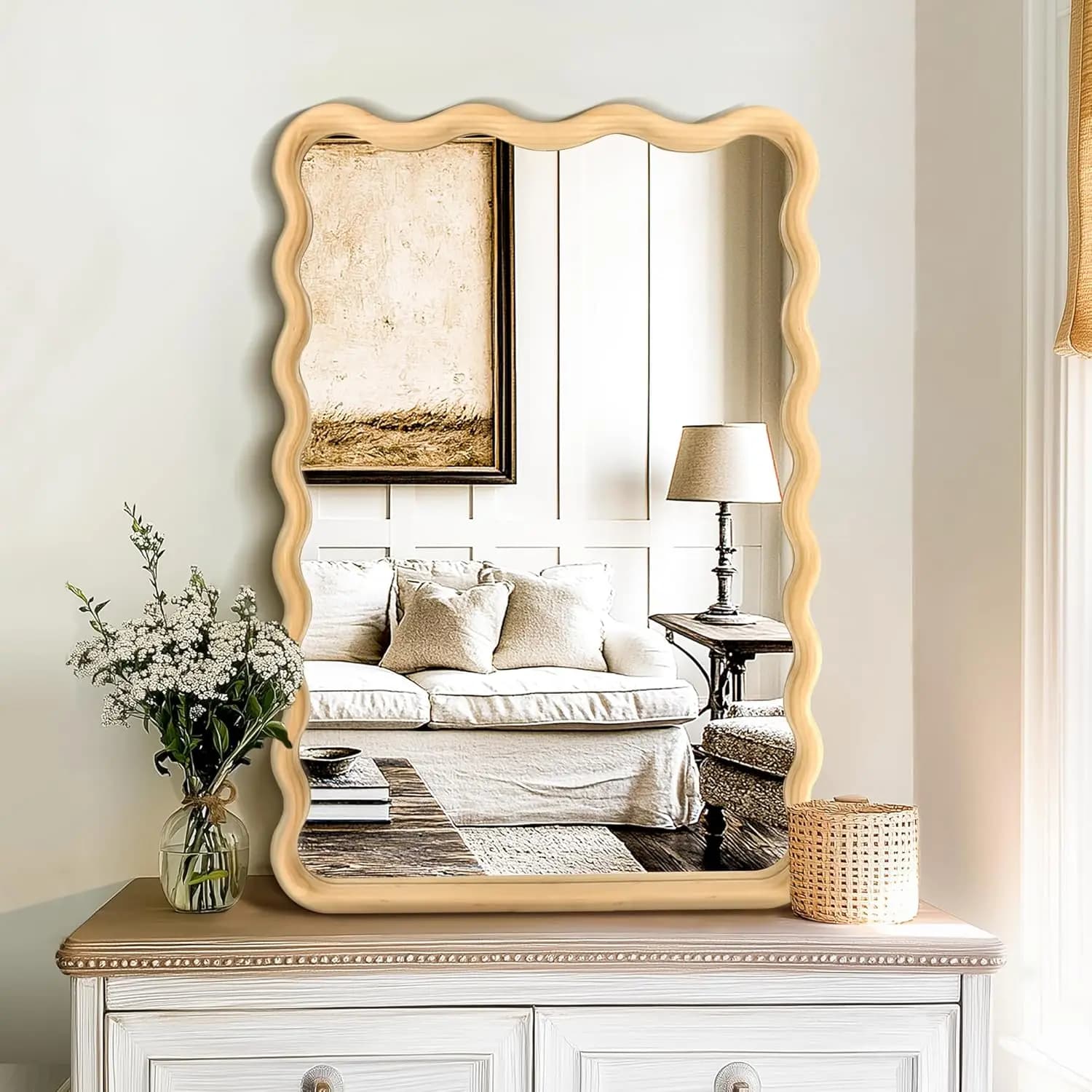 Specchio da Bagno da Parete, 20"x30" Specchio Boho Ondulato in Legno, Grande Specchio Decorativo a Figura Intera con Vetro Temperato, Naturale