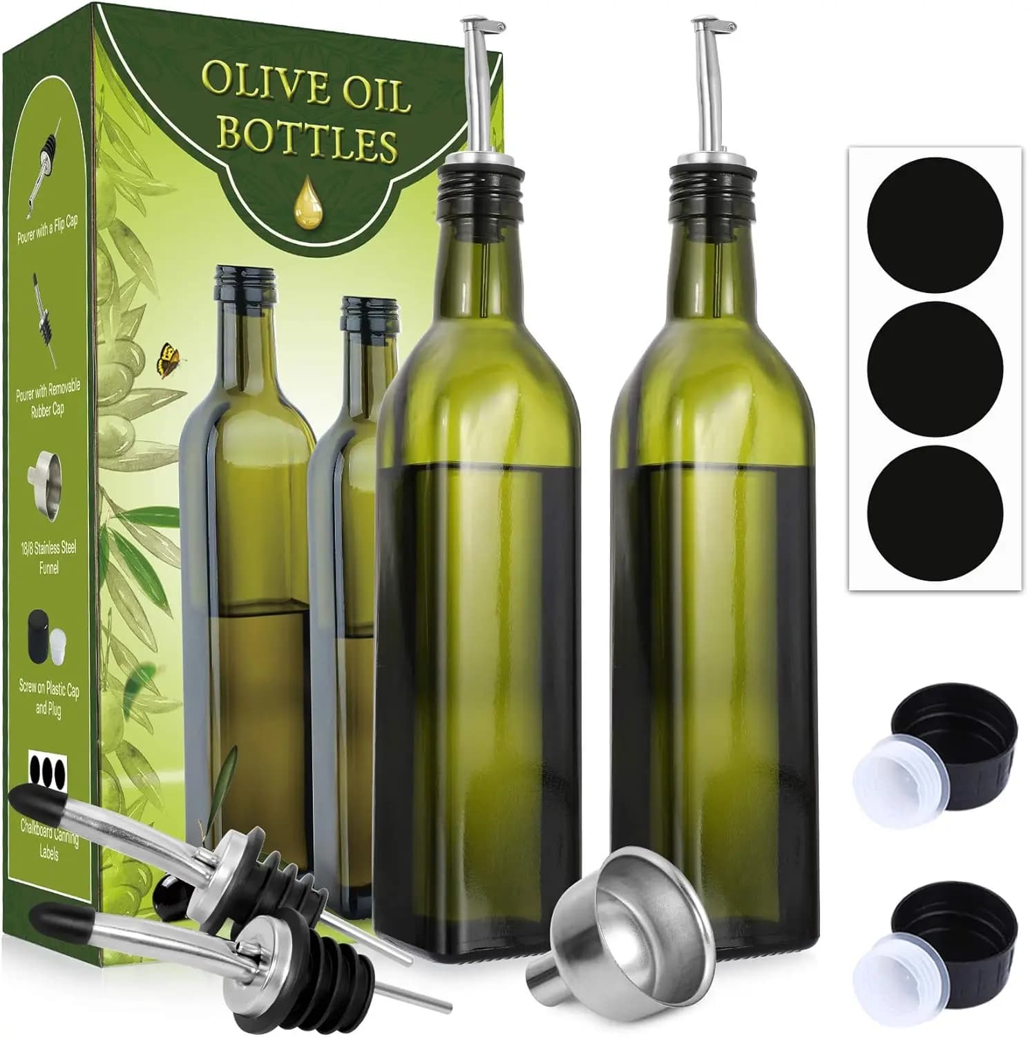 Set di Bottiglie Dispenser per Olio d'Oliva in Vetro da 17 oz - Bottiglia Verde Scuro per Olio e Aceto con Imbuto e