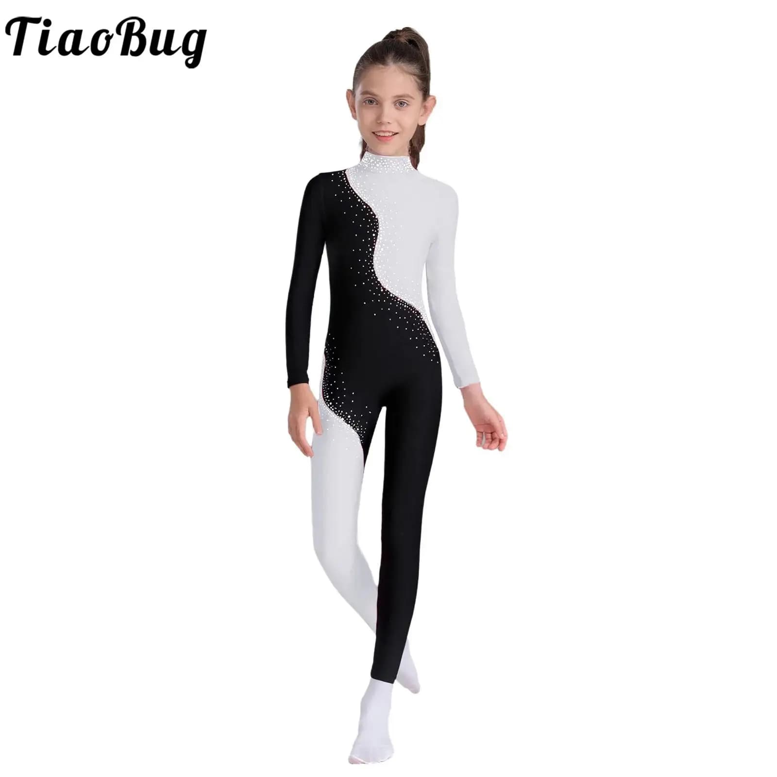 Ragazze Balletto Danza Ginnastica Body Manica lunga Strass lucidi Cerniera Tuta Pattinaggio di figura Acrobazie Performance Costume