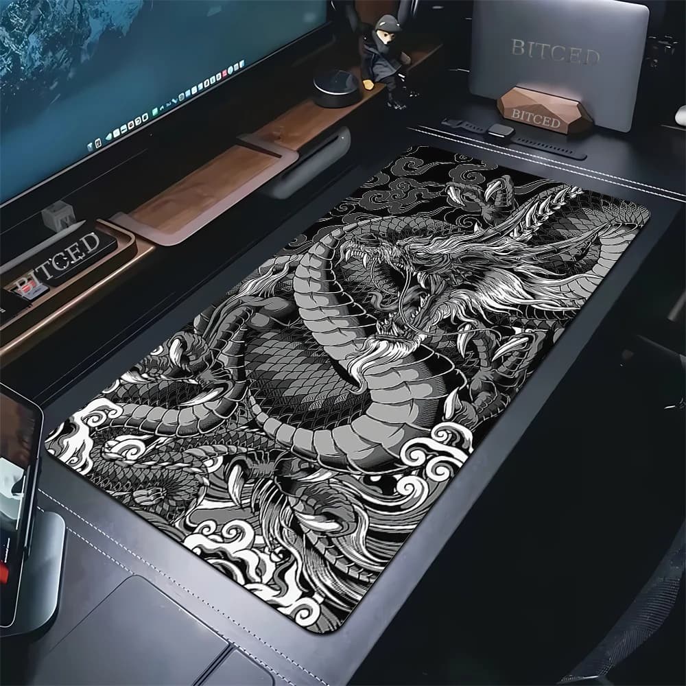 Tappetini per mouse da gioco di grandi dimensioni Tappetino per mouse drago in bianco e nero Tappetino per mouse per computer 90x40 cm Tappetino per mouse da scrivania per tappetini per tastiera PC Tappeto da tavolo