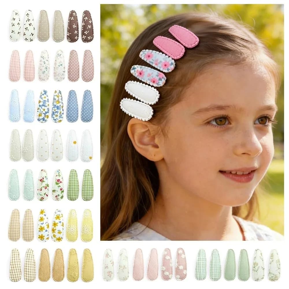 Set di 6 Graziose Mollette per Capelli da 2 Pollici per Bambine, con Stampa Floreale, Fatto a Mano, in Cotone, Plaid e Ricamo in Pizzo