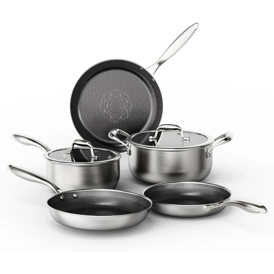 Set of pots and pans of stainless steel Set of pots and pans of non-stick hybrid ceramics Pots and pots with glass