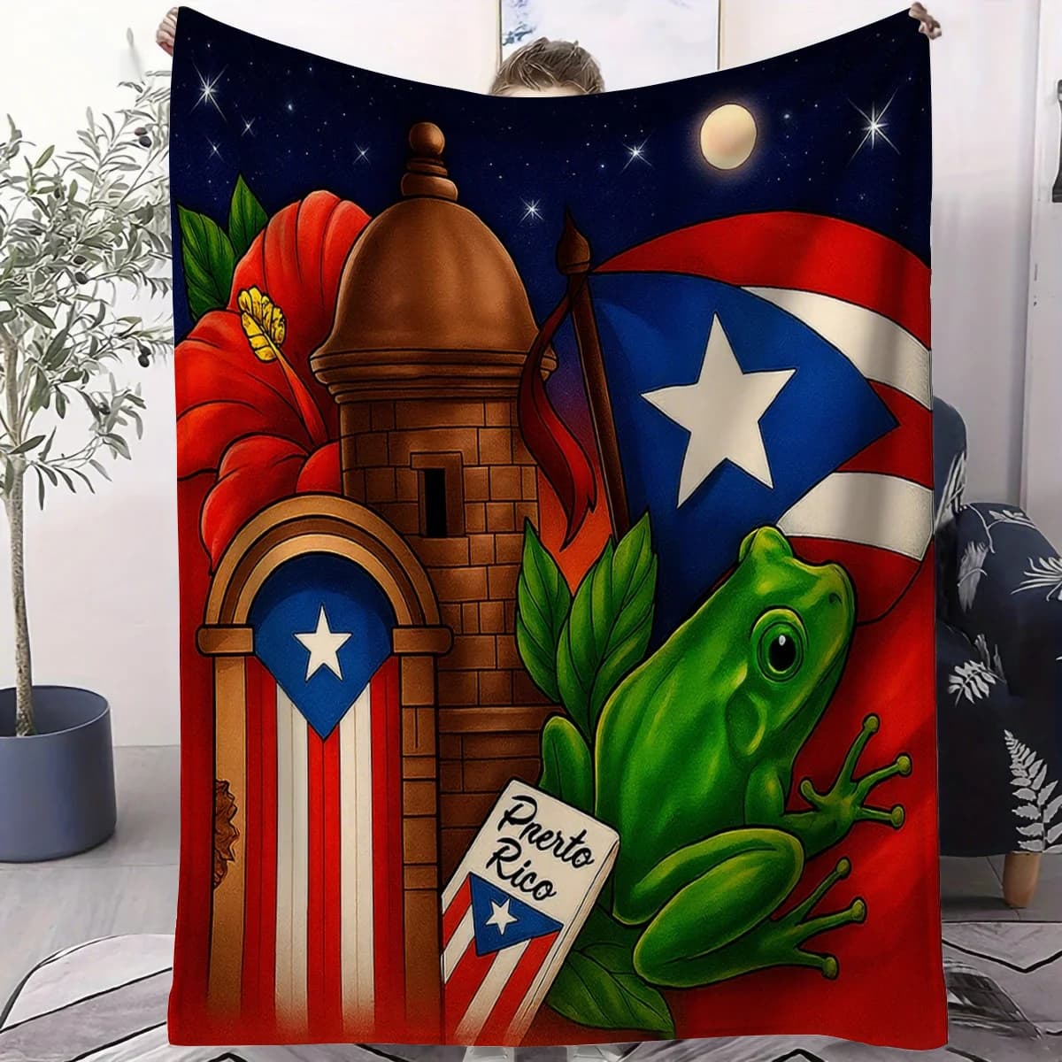Coperta in Flanella con Scenari Notturni di Porto Rico, Morbida e Accogliente Coperta Decorativa con Paesaggi per Divano, Letto, Viaggi, Campeggio, Regalo