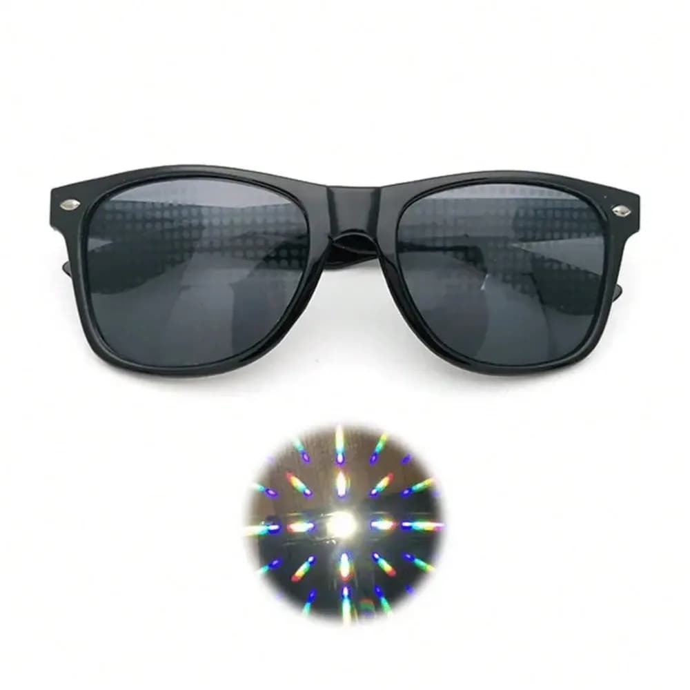 Occhiali con effetto prisma - Montatura nera, lenti per rifrazione della luce, adatti per feste, rave, concerti - Abbigliamento da discoteca e casual - Nessuna prescrizione medica necessaria, essenziali per i rave, occhiali divertenti, materiale resistente