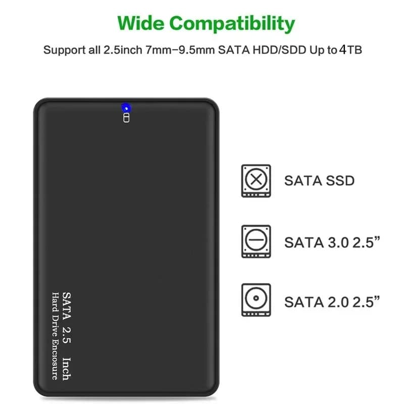 Custodia per HDD esterna Custodia nera per disco rigido SSD/2TB, 2,5 pollici, USB 3.0 SATA, 5 Gbps, supporto UASP, senza attrezzi