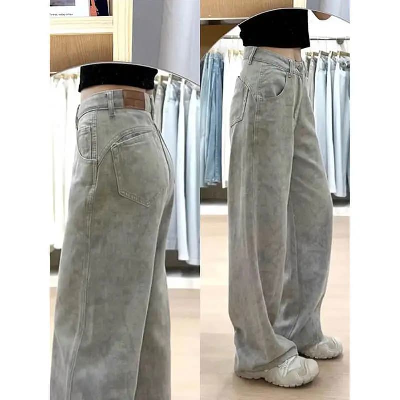 Summer New Women's High Waist Straight Leg Tie Dye Denim Pants Draping Loose Wide Leg Trousers Commute Style Casual Jeans