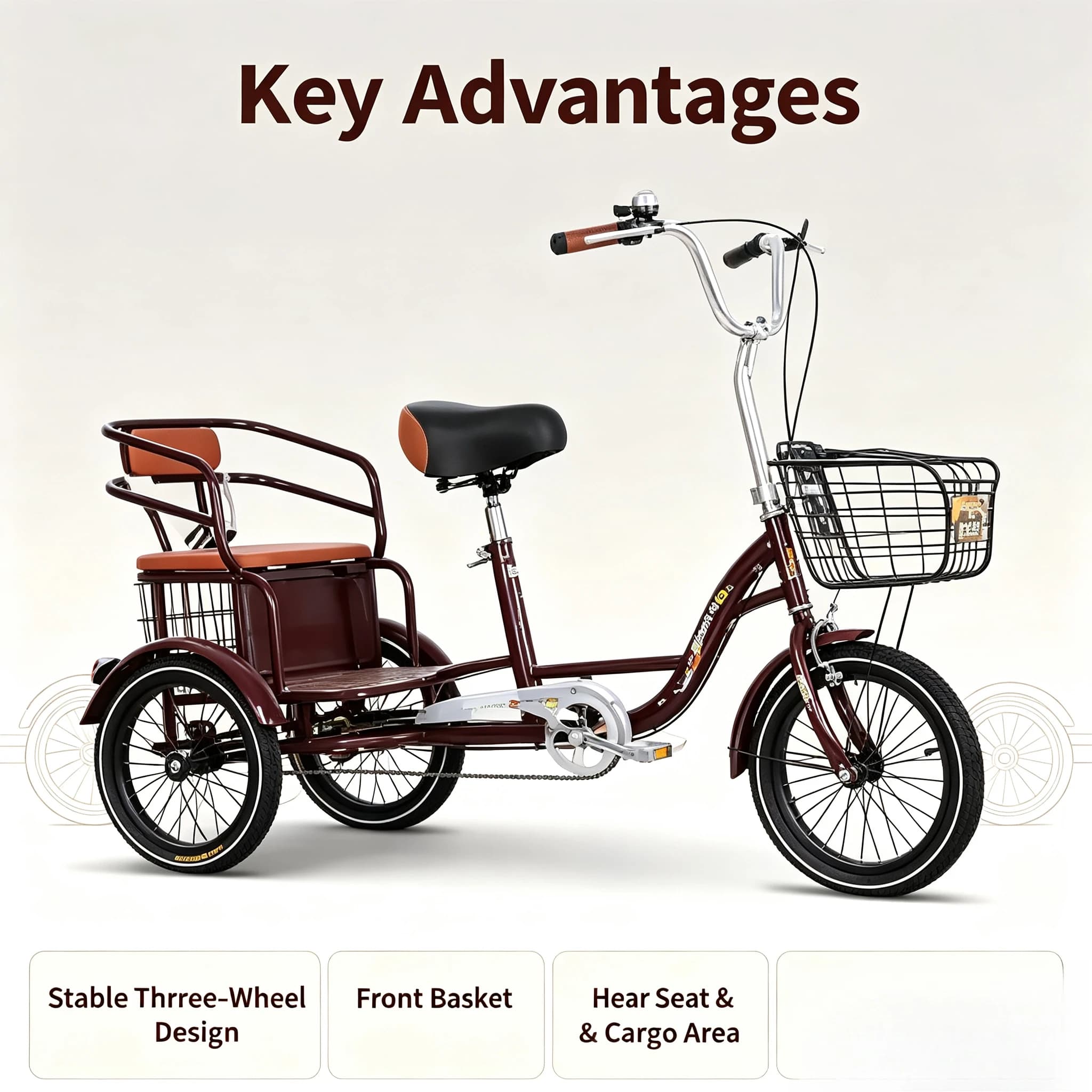 Lightweight Elderly Pedal Tricycle, Manual Self-propelled Three Wheel Bicycle, Small Human Powered Scooter for Seniors Daily
