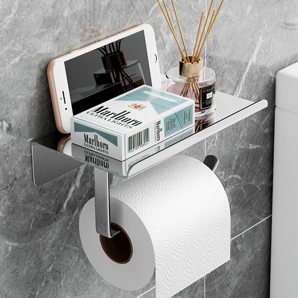 Thickened Stainless Steel Wall‑Mounted No‑Drill Toilet Paper Holder Multi‑Purpose Bathroom Storage Aroma Shelf for Toilet