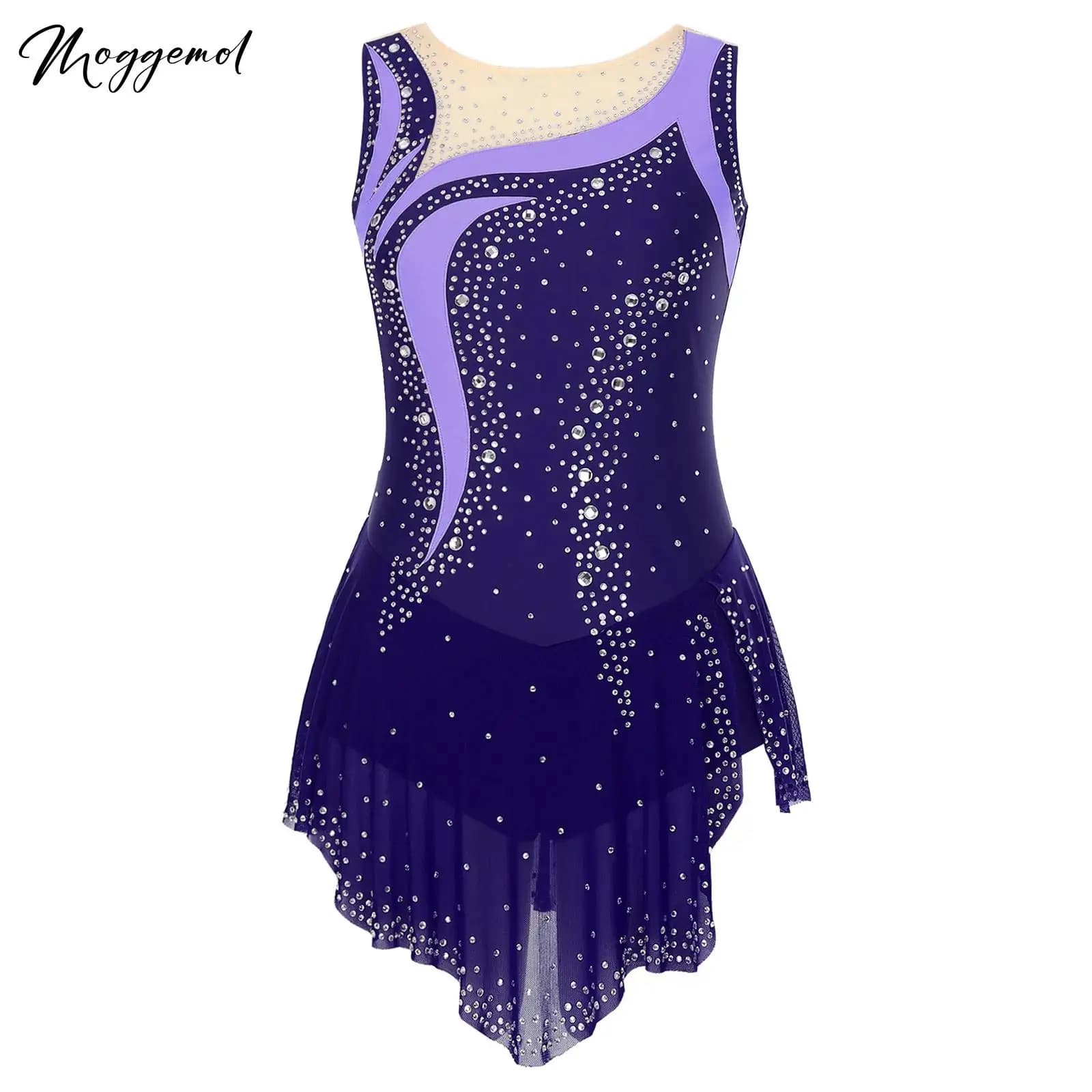 Abito da ballo ritmico da donna Pattinaggio di figura Ginnastica Concorso di balletto Costumi Body sovrapposto con spacco di strass senza maniche