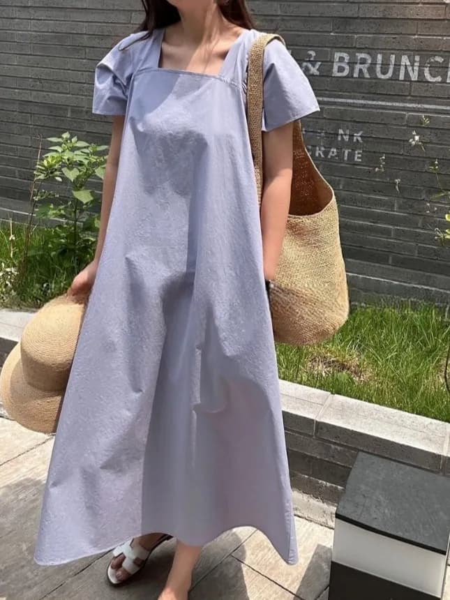 Abito Estivo Blu Chic e Semplice da Donna, Stile Rilassato con Colletto Quadrato, Vestito Lungo alla Moda Coreana, Gonna a Linea A, Manica Corta